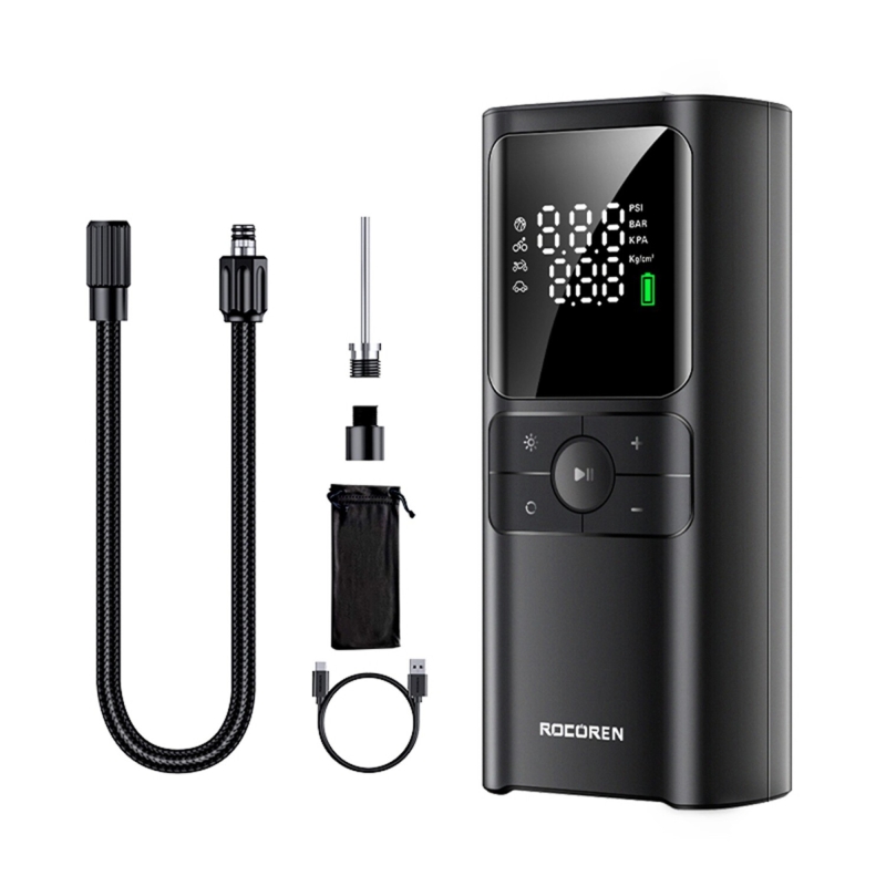 Rocoren 150PSI 4000mAh Şarjlı Taşınabilir Hava Pompası Araç Lastik, Bisiklet, Top Şişirme (Powerbank+Led Lamba+Lcd Ekran) - 1
