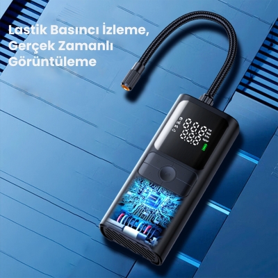 Rocoren 150PSI 4000mAh Şarjlı Taşınabilir Hava Pompası Araç Lastik, Bisiklet, Top Şişirme (Powerbank+Led Lamba+Lcd Ekran) - 4
