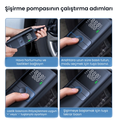 Rocoren 150PSI 4000mAh Şarjlı Taşınabilir Hava Pompası Araç Lastik, Bisiklet, Top Şişirme (Powerbank+Led Lamba+Lcd Ekran) - 6