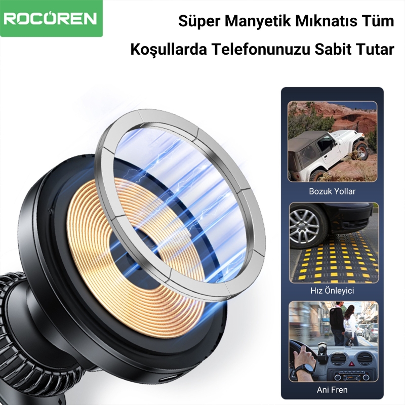 Rocoren 15W Kablosuz Şarj Destekli Magsafe Uyumlu RGB Işıklı Araç içi Telefon Tutucu - 3