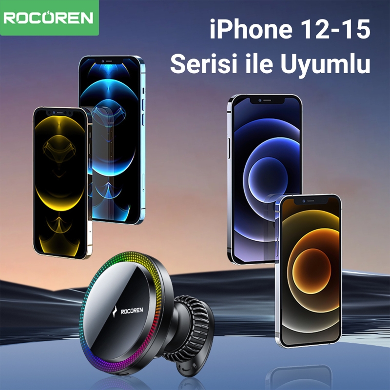 Rocoren 15W Kablosuz Şarj Destekli Magsafe Uyumlu RGB Işıklı Araç içi Telefon Tutucu - 6