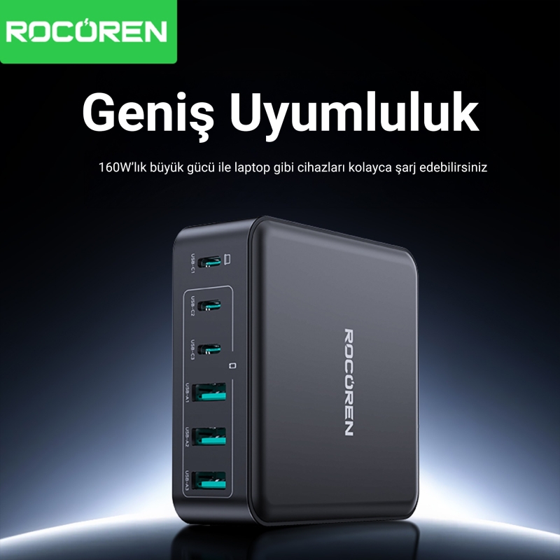 Rocoren 160W 3*Type-C ve 3*USB-A 6 Portlu Şarj Cihazı Laptop Uyumlu GaN Masaüstü Şarj İstasyonu - 5