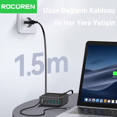 Rocoren 160W 3*Type-C ve 3*USB-A 6 Portlu Şarj Cihazı Laptop Uyumlu GaN Masaüstü Şarj İstasyonu - 6
