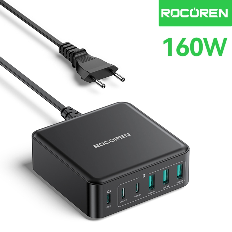 Rocoren 160W Type-C / USB-A 6 Portlu Laptop Uyumlu GaN Masaüstü Hızlı Şarj Cihazı - 1