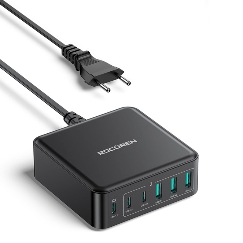 Rocoren 160W 3*Type-C ve 3*USB-A 6 Portlu Şarj Cihazı Laptop Uyumlu GaN Masaüstü Şarj İstasyonu - 1