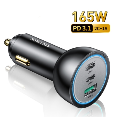 Rocoren 165W 3 Portlu PD3.1 2*Type-C ve USB-A Araç içi Hızlı Şarj Cihazı + 1 Metre 240W Kablo - Rocoren