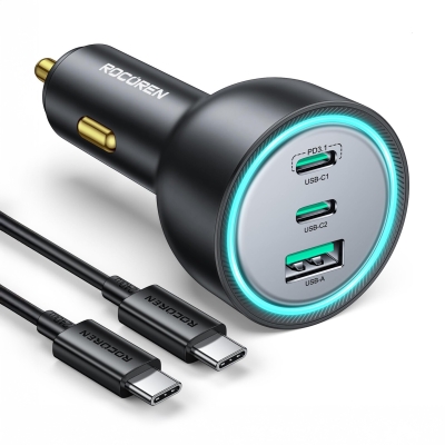 Rocoren 165W 3 Portlu PD3.1 2*Type-C ve USB-A Araç içi Hızlı Şarj Cihazı + 1 Metre 240W Kablo - Rocoren