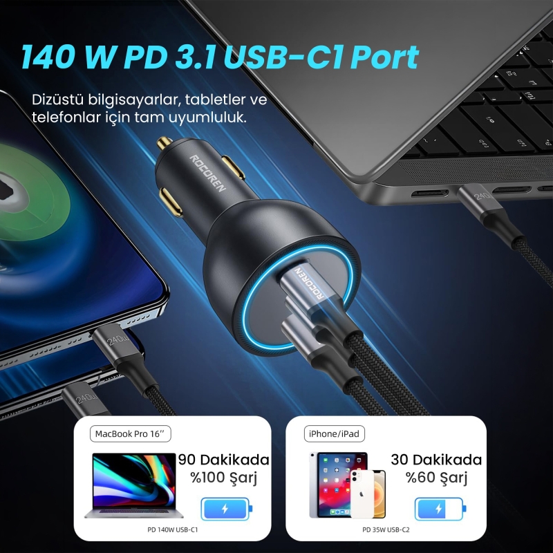 Rocoren 165W 3 Portlu PD3.1 2*Type-C ve USB-A Araç içi Hızlı Şarj Cihazı + 1 Metre 240W Kablo - 2