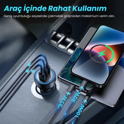 Rocoren 165W 3 Portlu PD3.1 2*Type-C ve USB-A Araç içi Hızlı Şarj Cihazı + 1 Metre 240W Kablo - 3