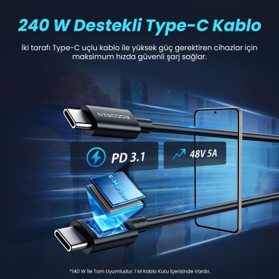 Rocoren 165W 3 Portlu PD3.1 2*Type-C ve USB-A Araç içi Hızlı Şarj Cihazı + 1 Metre 240W Kablo - 4