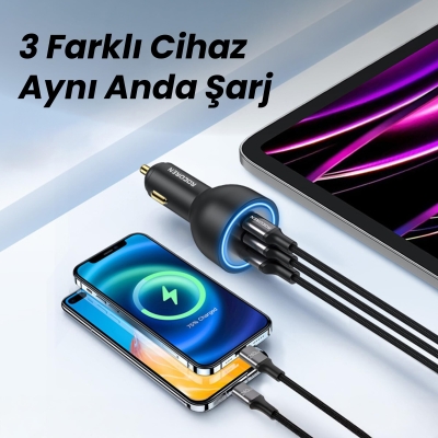 Rocoren 165W 3 Portlu PD3.1 2*Type-C ve USB-A Araç içi Hızlı Şarj Cihazı + 1 Metre 240W Kablo - 6