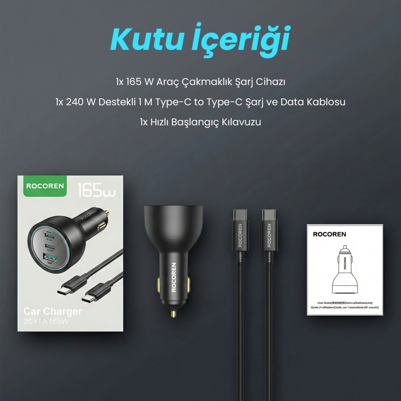 Rocoren 165W 3 Portlu PD3.1 2*Type-C ve USB-A Araç içi Hızlı Şarj Cihazı + 1 Metre 240W Kablo - 9