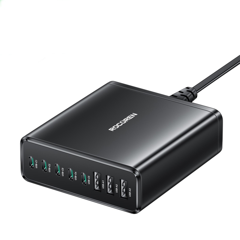 Rocoren 185W 8 Portlu GaN Şarj Cihazı 5*Type-C 3*USB-A Notebook iPhone Samsung Uyumlu Şarj İstasyonu - 1