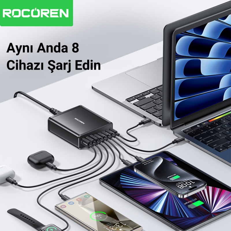 Rocoren 185W 8 Portlu GaN Şarj Cihazı 5*Type-C 3*USB-A Notebook iPhone Samsung Uyumlu Şarj İstasyonu - 2