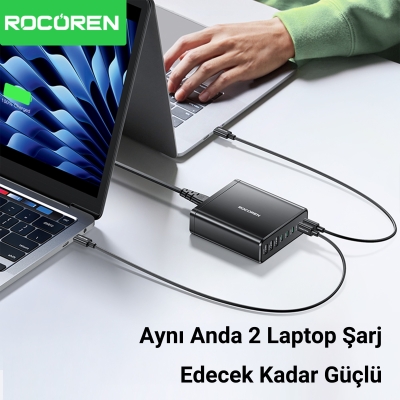 Rocoren 185W 8 Portlu GaN Şarj Cihazı 5*Type-C 3*USB-A Notebook iPhone Samsung Uyumlu Şarj İstasyonu - 4