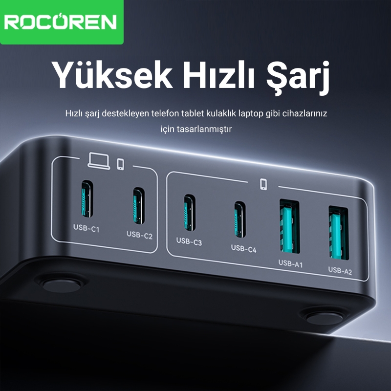 Rocoren 200W Gan 6 Portlu Şarj Cihazı 4*Type-C 2*USB-A Macbook iPhone Samsung Uyumlu Şarj İstasyonu - 3