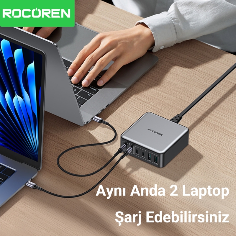 Rocoren 200W Gan 6 Portlu Şarj Cihazı 4*Type-C 2*USB-A Macbook iPhone Samsung Uyumlu Şarj İstasyonu - 4