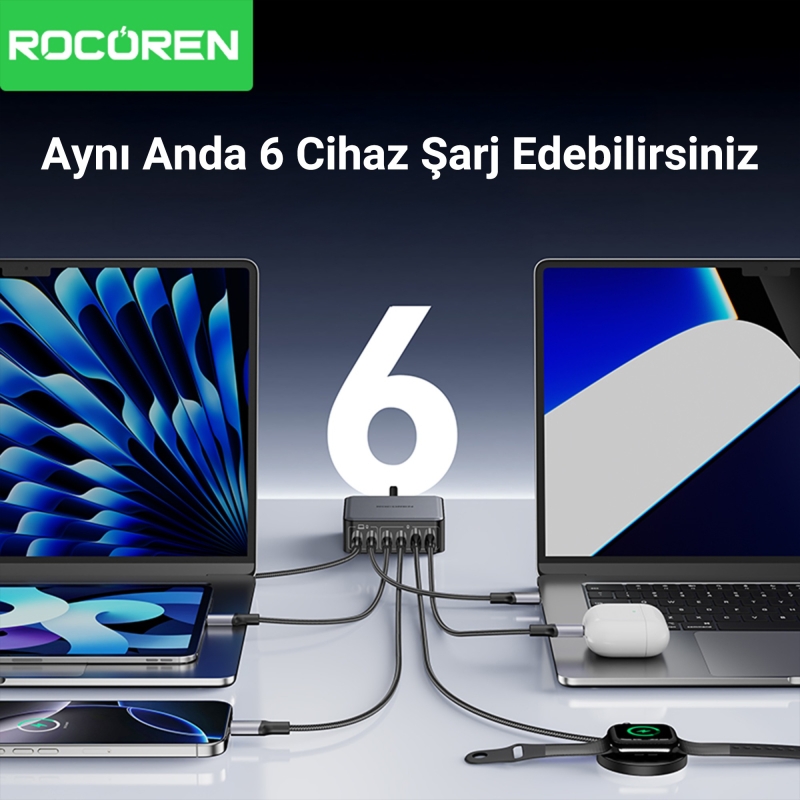 Rocoren 200W Gan 6 Portlu Şarj Cihazı 4*Type-C 2*USB-A Macbook iPhone Samsung Uyumlu Şarj İstasyonu - 5