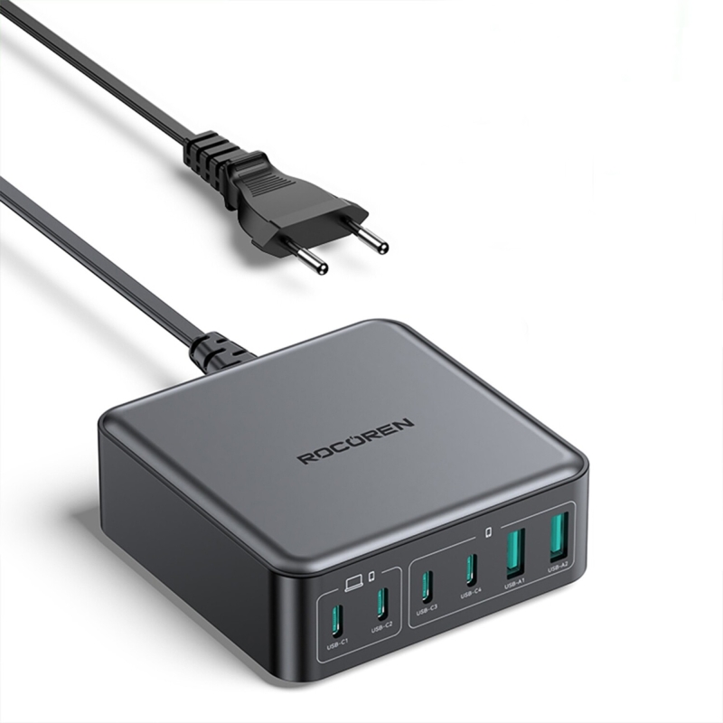 Rocoren 200W Gan 6 Portlu Şarj Cihazı 4*Type-C 2*USB-A Macbook iPhone Samsung Uyumlu Şarj İstasyonu - 1