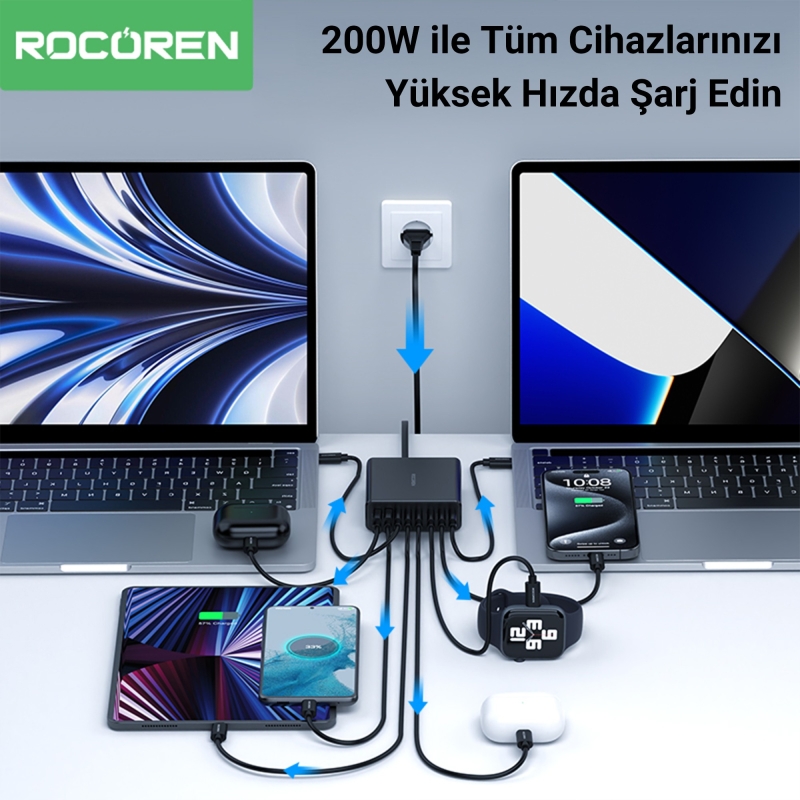 Rocoren 200W GaN 8 Portlu Şarj Cihazı 6*Type-C 2*USB-A Macbook iPhone Samsung Uyumlu Şarj İstasyonu - 3