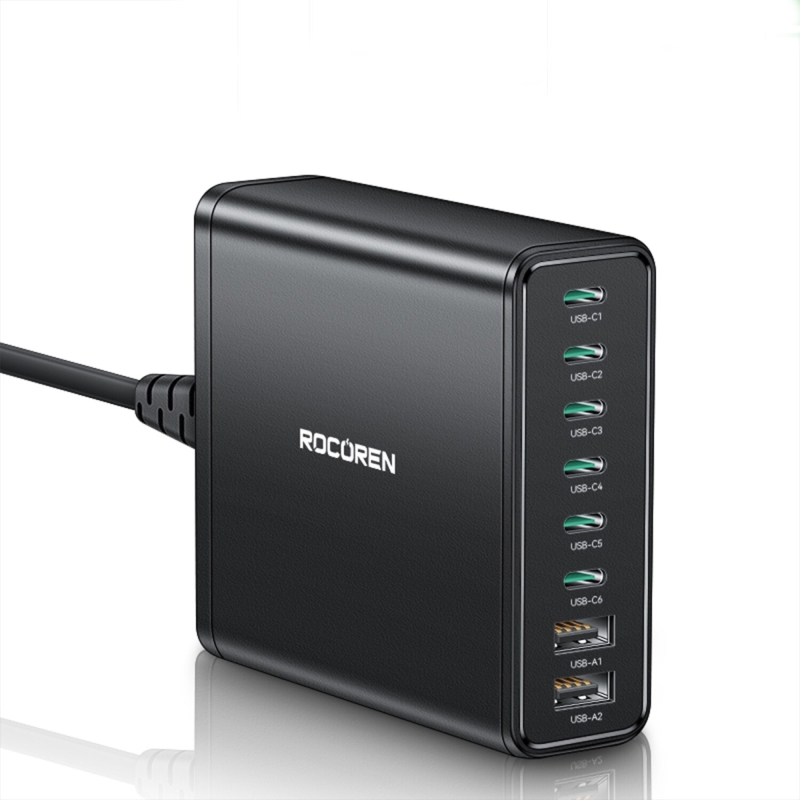Rocoren 200W GaN 8 Portlu Şarj Cihazı 6*Type-C 2*USB-A Macbook iPhone Samsung Uyumlu Şarj İstasyonu - 1