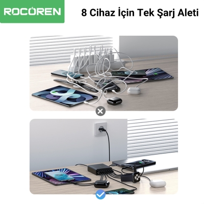Rocoren 200W GaN 8 Portlu Şarj Cihazı 6*Type-C 2*USB-A Macbook iPhone Samsung Uyumlu Şarj İstasyonu - 6