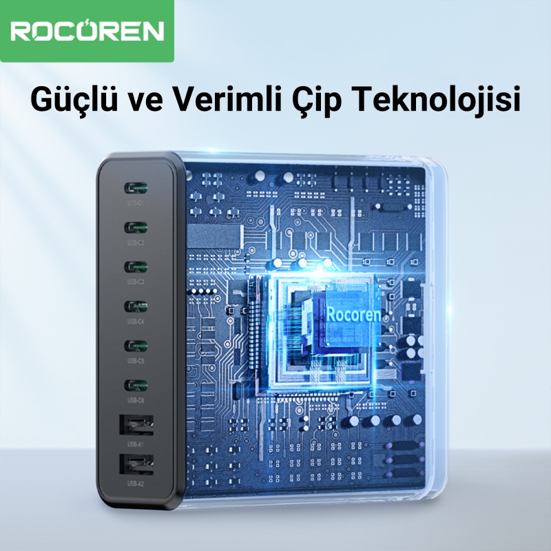 Rocoren 200W GaN 8 Portlu Şarj Cihazı 6*Type-C 2*USB-A Macbook iPhone Samsung Uyumlu Şarj İstasyonu - 2
