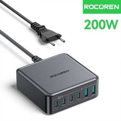 Rocoren 200W Type-C / USB-A 6 Portlu GaN Laptop Uyumlu Masaüstü Hızlı Şarj Cihazı - 1