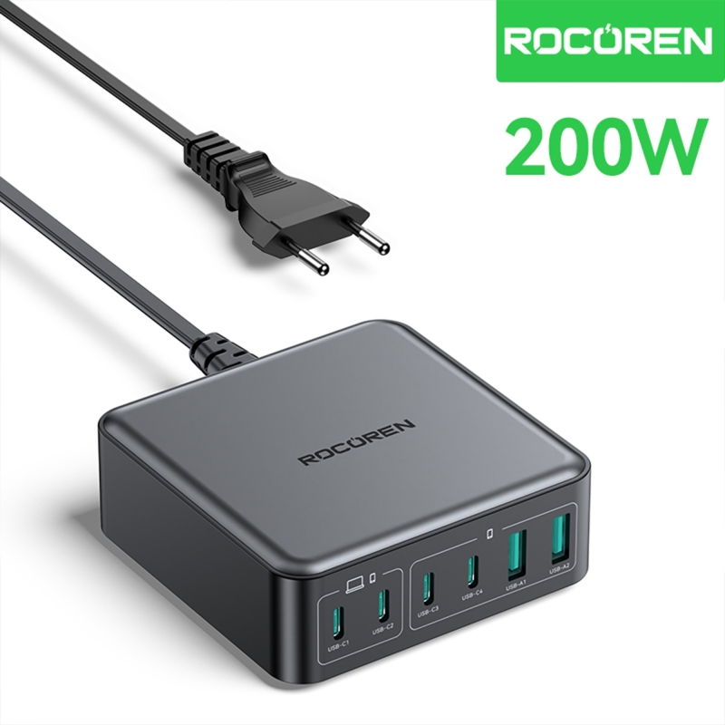 Rocoren 200W Type-C / USB-A 6 Portlu GaN Laptop Uyumlu Masaüstü Hızlı Şarj Cihazı - 1