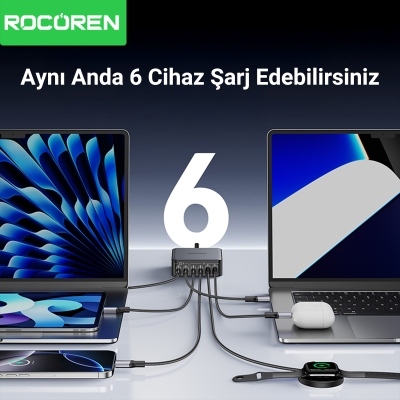 Rocoren 200W Type-C / USB-A 6 Portlu GaN Laptop Uyumlu Masaüstü Hızlı Şarj Cihazı - 5