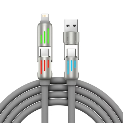 Rocoren 240W 4'ü 1 Arada Type-C / USB-A / Lightning Gri Silikon Şarj ve Data Kablosu 1.2 Metre - Rocoren