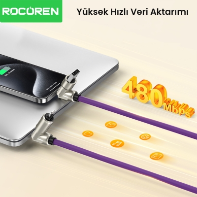 Rocoren 240W 4'ü 1 Arada Type-C / USB-A / Lightning Mor Silikon Şarj ve Data Kablosu 1.2 Metre - 6