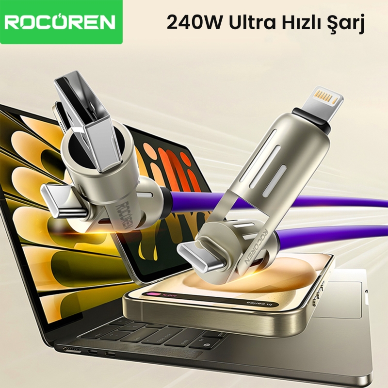 Rocoren 240W 4'ü 1 Arada Type-C / USB-A / Lightning Mor Silikon Şarj ve Data Kablosu 1.2 Metre - 3