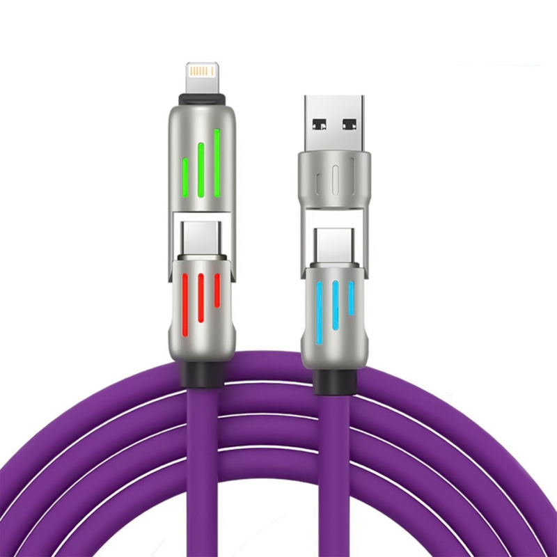 Rocoren 240W 4'ü 1 Arada Type-C / USB-A / Lightning Mor Silikon Şarj ve Data Kablosu 1.2 Metre - 1