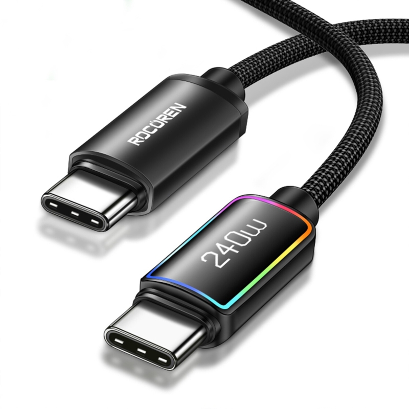 Rocoren 240W Type-C to Type-C RGB Aydınlatmalı Örgülü Şarj ve Data Kablosu 1 Metre - 1