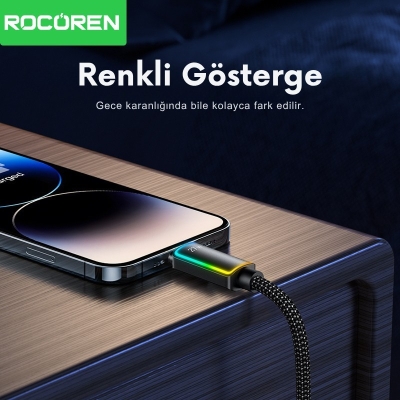Rocoren 27W Type-C to Lightning RGB Aydınlatmalı Örgülü Şarj ve Data Kablosu 1 Metre - 4