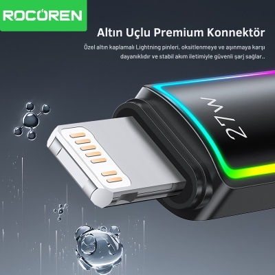 Rocoren 27W Type-C to Lightning RGB Aydınlatmalı Örgülü Şarj ve Data Kablosu 1 Metre - 3