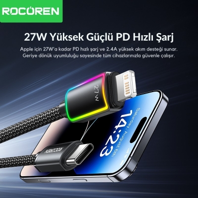 Rocoren 27W Type-C to Lightning RGB Aydınlatmalı Örgülü Şarj ve Data Kablosu 1 Metre - 2