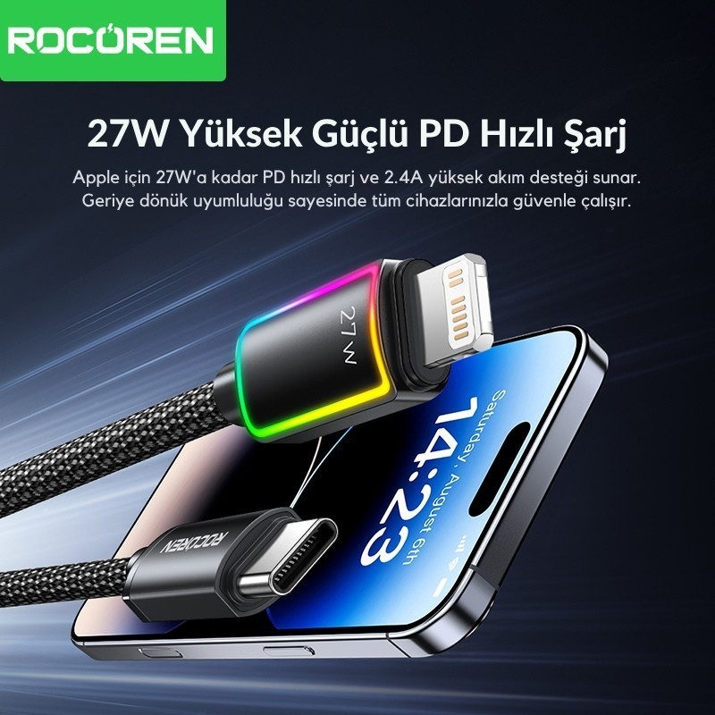Rocoren 27W Type-C to Lightning RGB Aydınlatmalı Örgülü Şarj ve Data Kablosu 2 Metre - 2