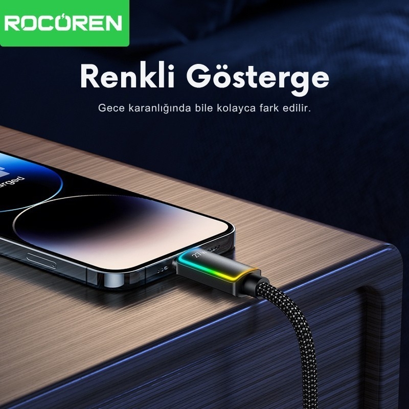 Rocoren 27W Type-C to Lightning RGB Aydınlatmalı Örgülü Şarj ve Data Kablosu 2 Metre - 4