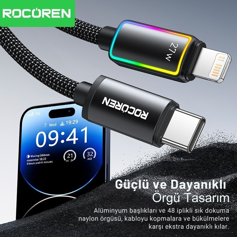 Rocoren 27W Type-C to Lightning RGB Aydınlatmalı Örgülü Şarj ve Data Kablosu 2 Metre - 6