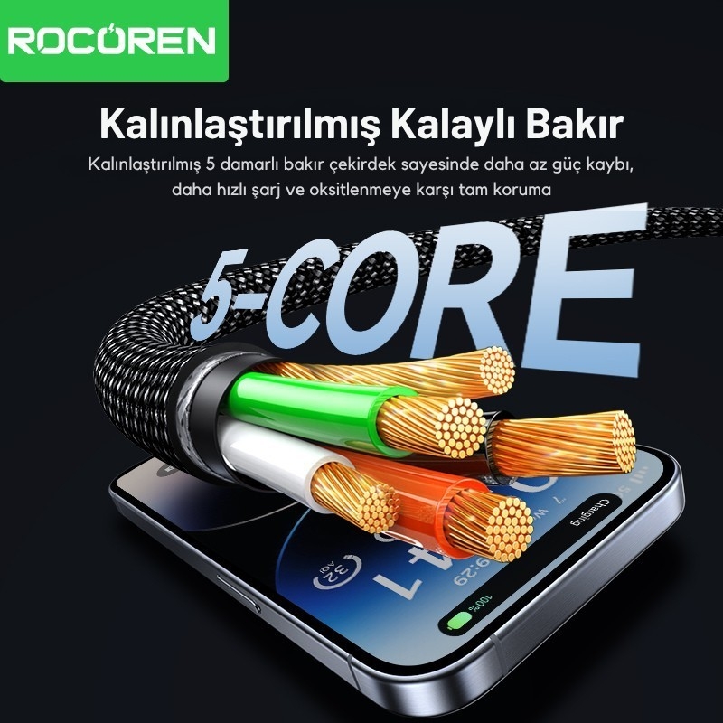 Rocoren 27W Type-C to Lightning RGB Aydınlatmalı Örgülü Şarj ve Data Kablosu 2 Metre - 5