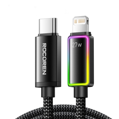 Rocoren 27W Type-C to Lightning RGB Aydınlatmalı Örgülü Şarj ve Data Kablosu 2 Metre - Rocoren