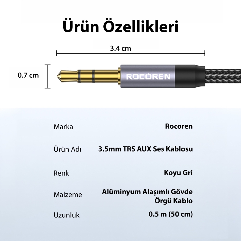 Rocoren 3.5mm Hi-Fi TRS AUX Ses Kablosu 50 CM - 7