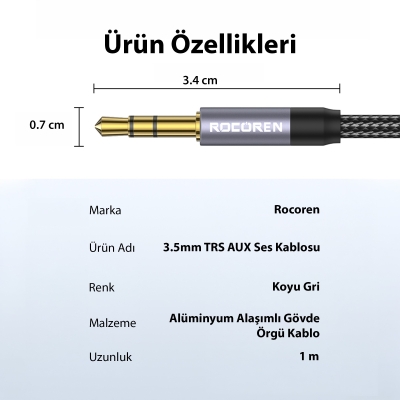 Rocoren 3.5mm Hi-Fi TRS AUX Ses Kablosu 1 Metre - 7