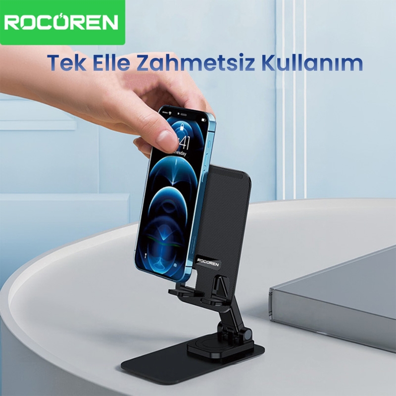 Rocoren 360° Dönebilen Katlanabilir Yükseklik ve Eğim Ayarlı Telefon Tutucu Stand - 4