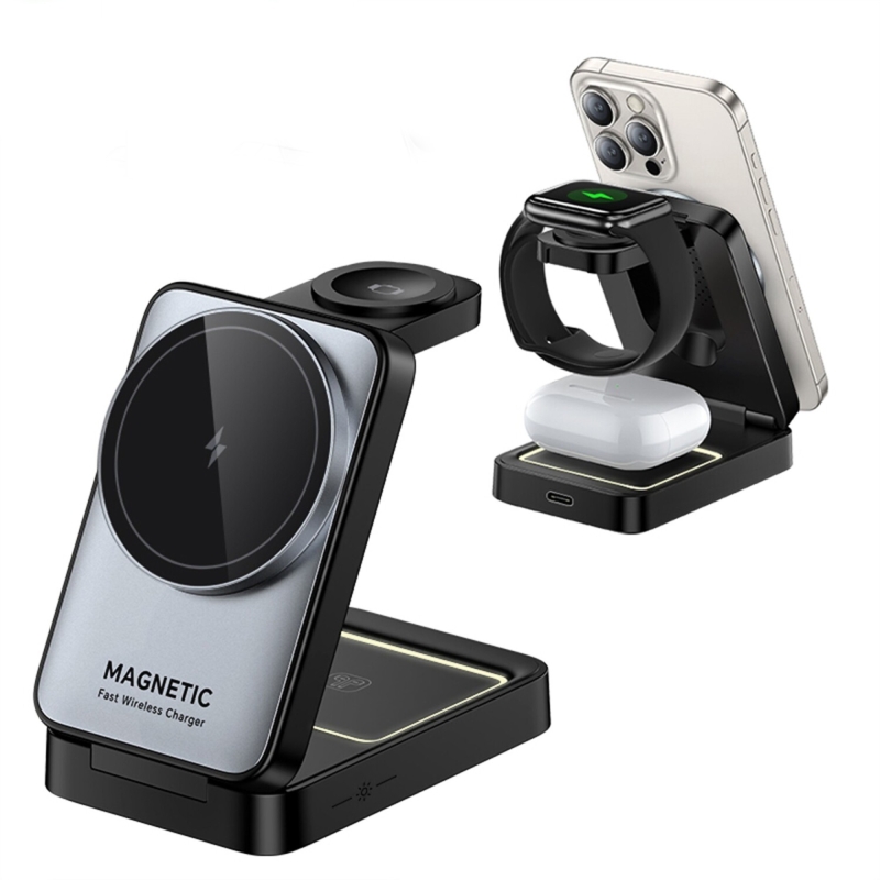 Rocoren 3‘ü 1 Arada iPhone Airpods Apple Watch MagSafe Uyumlu Kablosuz Şarj Cihazı Stand - 1