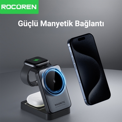 Rocoren 3‘ü 1 Arada iPhone Airpods Apple Watch MagSafe Uyumlu Kablosuz Şarj Cihazı Stand - 3