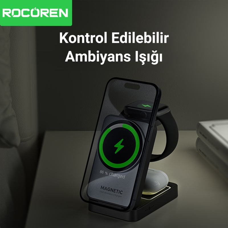Rocoren 3‘ü 1 Arada iPhone Airpods Apple Watch MagSafe Uyumlu Kablosuz Şarj Cihazı Stand - 4