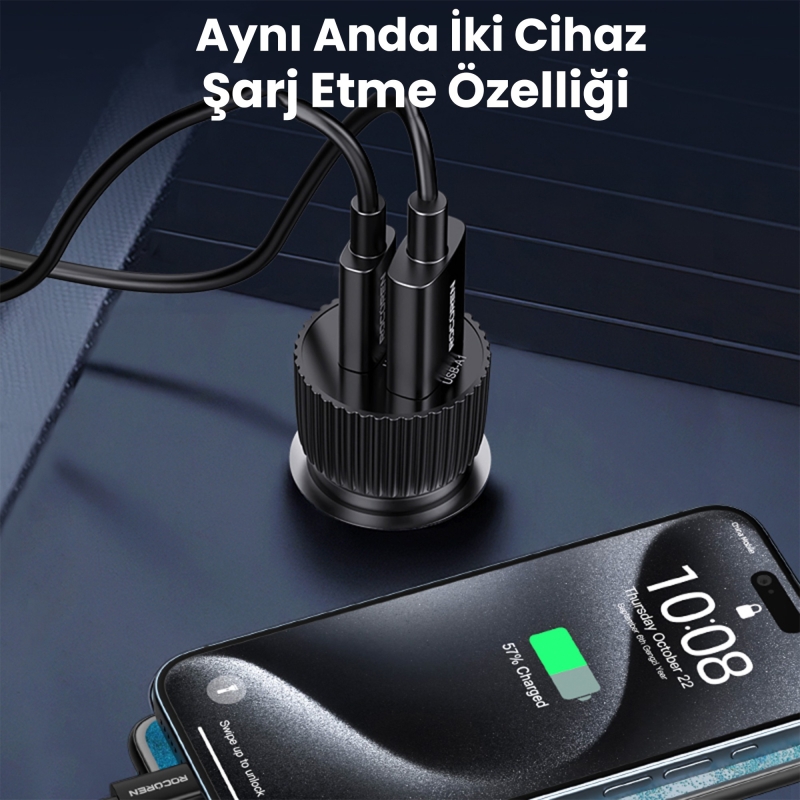 Rocoren 48W Çift Portlu USB Type-C ve USB-A Araç İçi Hızlı Şarj Cihazı - 3